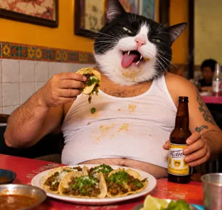 Gato comiendo tacos con una cerveza
